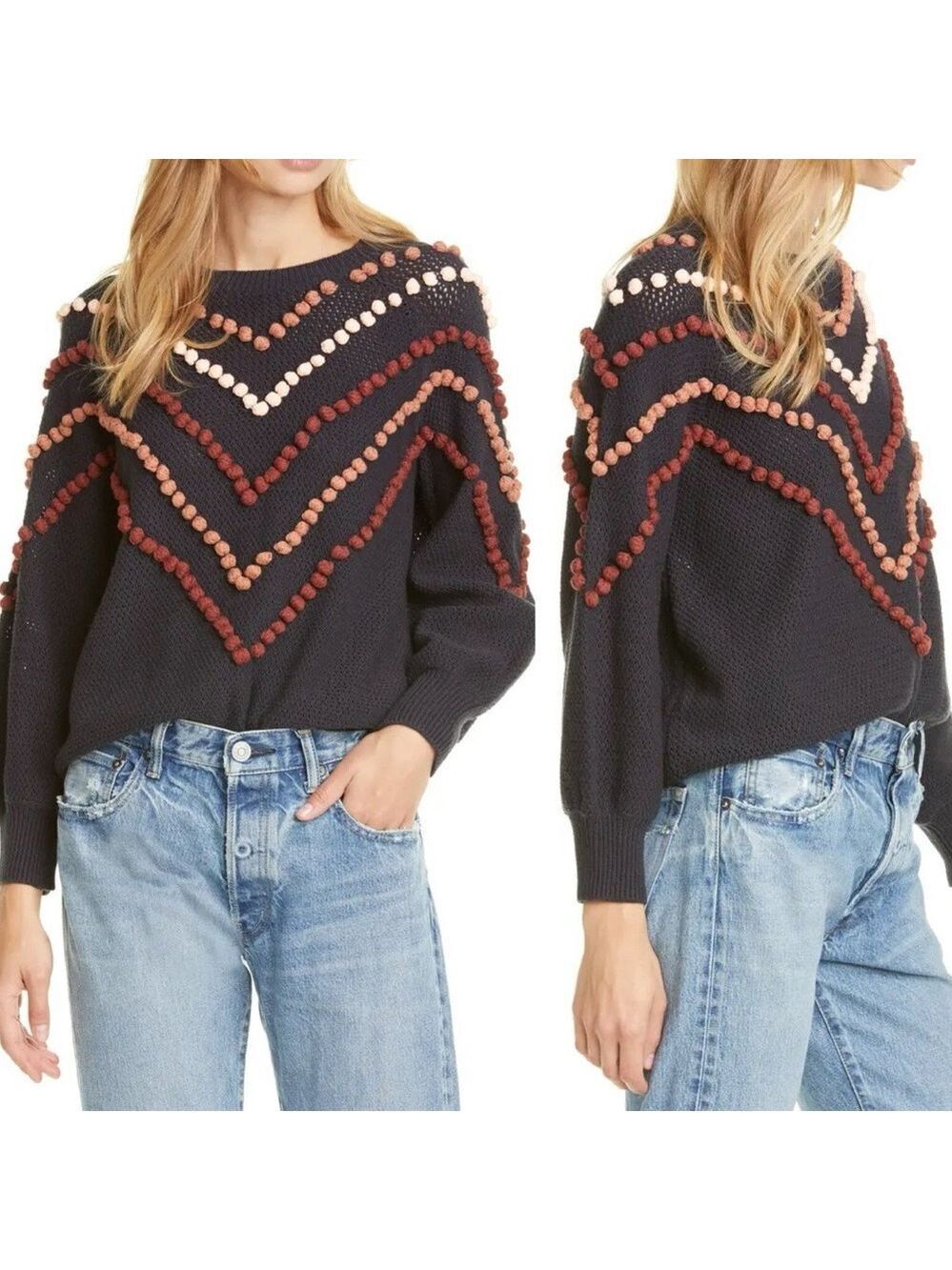 THE GREAT. Women’s The Bobble Sweater Navy with Pom Pom Accents XS